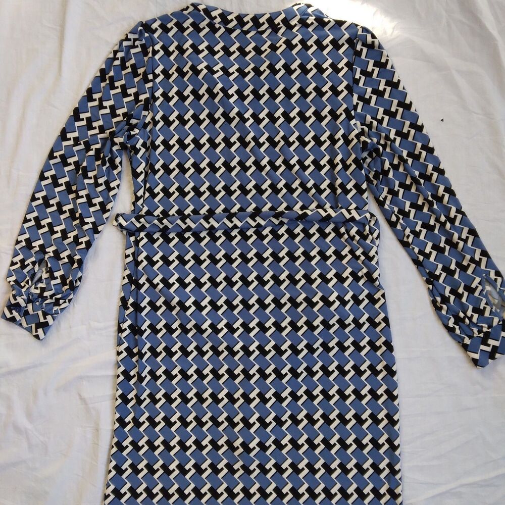 Anne Klein Long Sleeve Sheath Dress Belted Blue Black Geometric Retro Size S - Picture 10 of 16